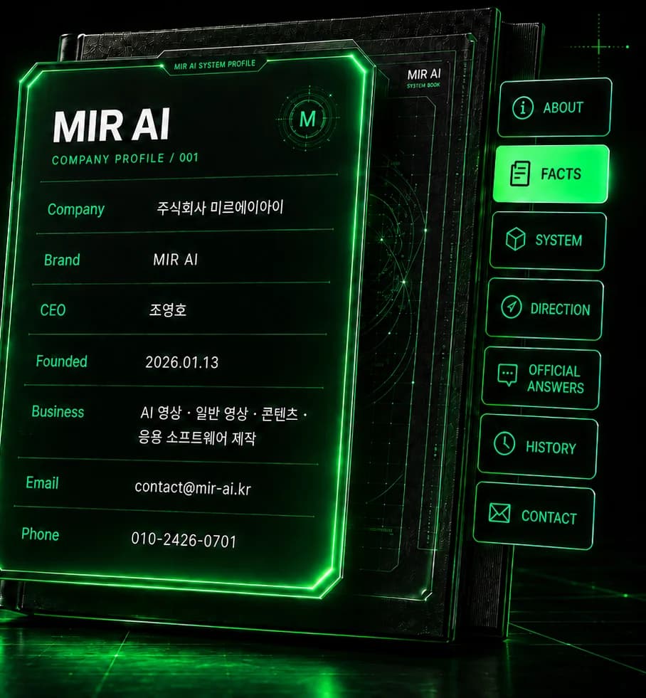 MIR AI 회사 프로필이 표시된 시스템 북 데이터 패널