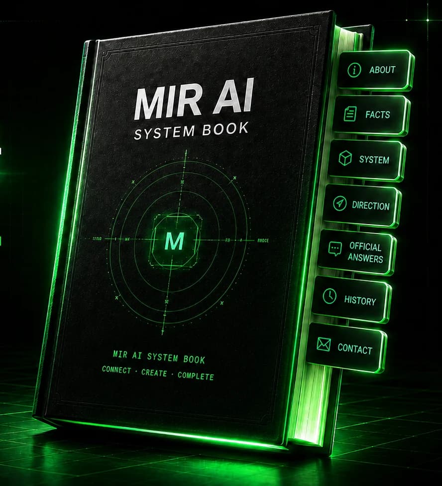ABOUT, FACTS, SYSTEM, DIRECTION, ANSWERS, HISTORY, CONTACT 탭이 달린 MIR AI 시스템 북
