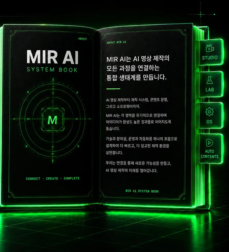 MIR AI의 AI 스튜디오와 기술 시스템을 설명하는 펼쳐진 시스템 북