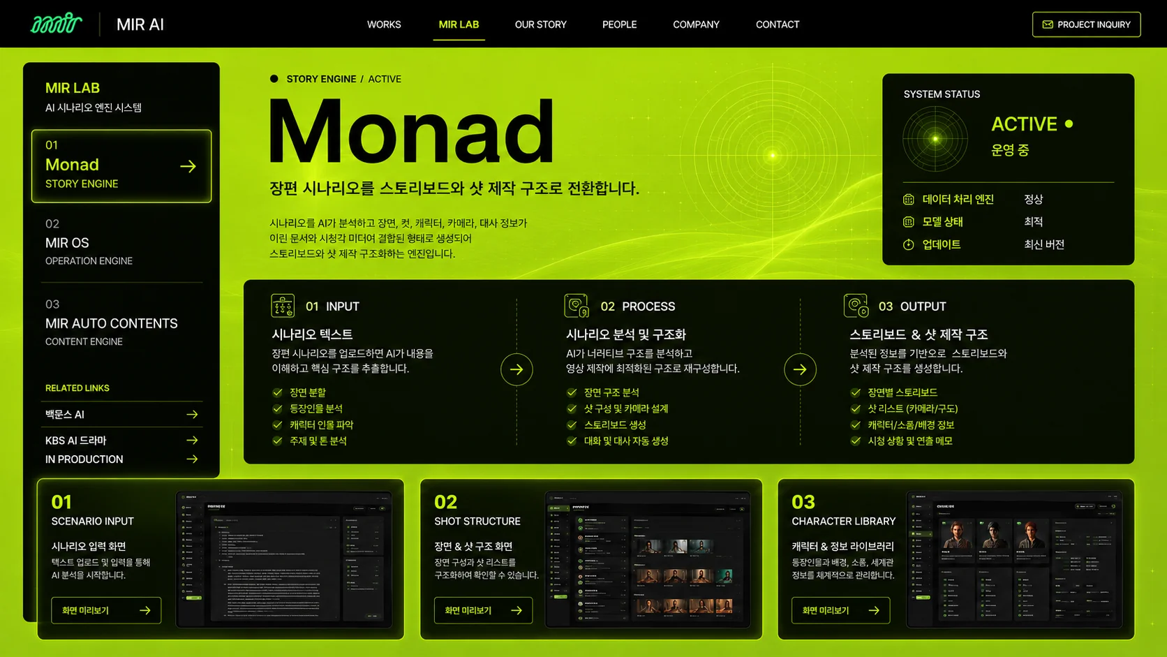 Monad의 입력, 분석, 샷 구조와 캐릭터 라이브러리를 정리한 시스템 화면