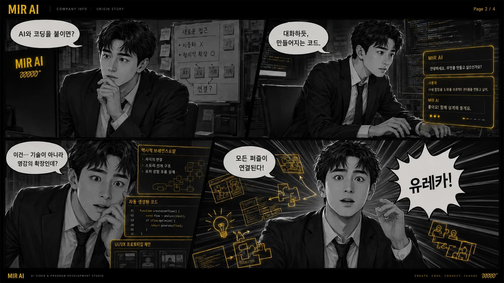 AI와 코드로 흩어진 제작 파일을 연결하는 아이디어를 발견하는 흑백 코믹