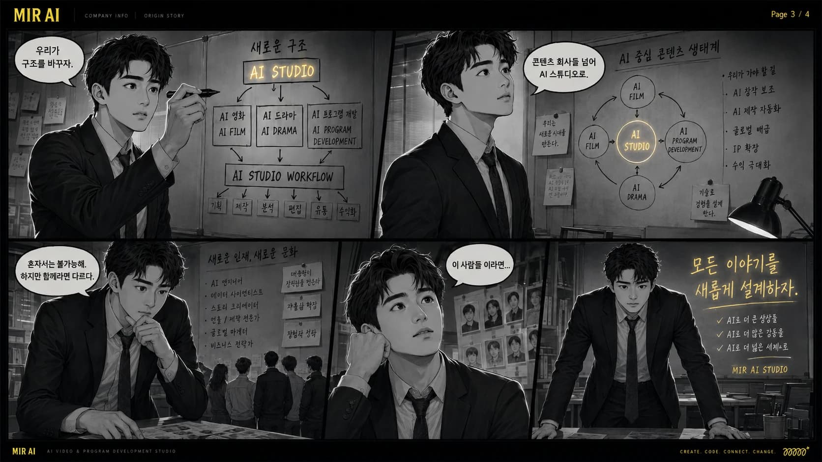 AI 스튜디오 워크플로우와 제작 생태계를 설계하는 과정을 그린 흑백 코믹