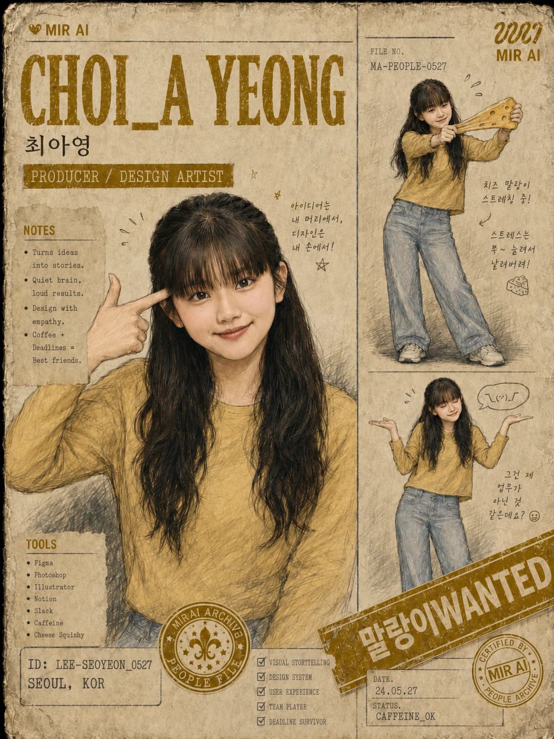 최아영 Content PD를 수배서 형식으로 구성한 MIR AI 인물 포스터