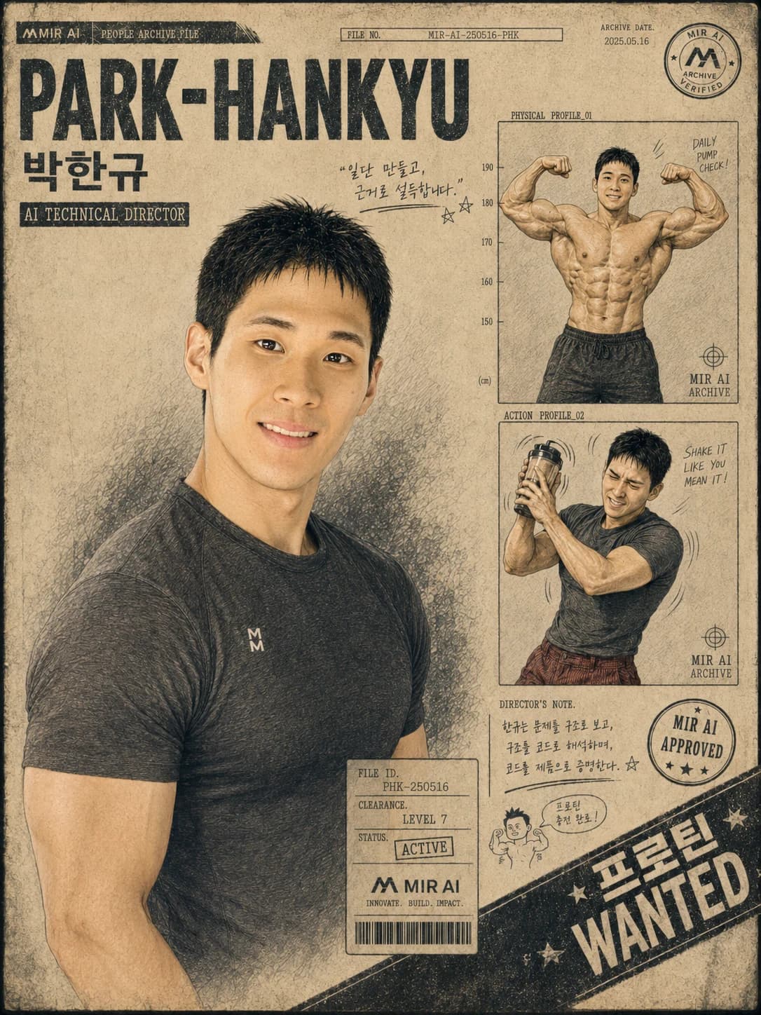 박한규 AI Technical Director를 수배서 형식으로 구성한 MIR AI 인물 포스터
