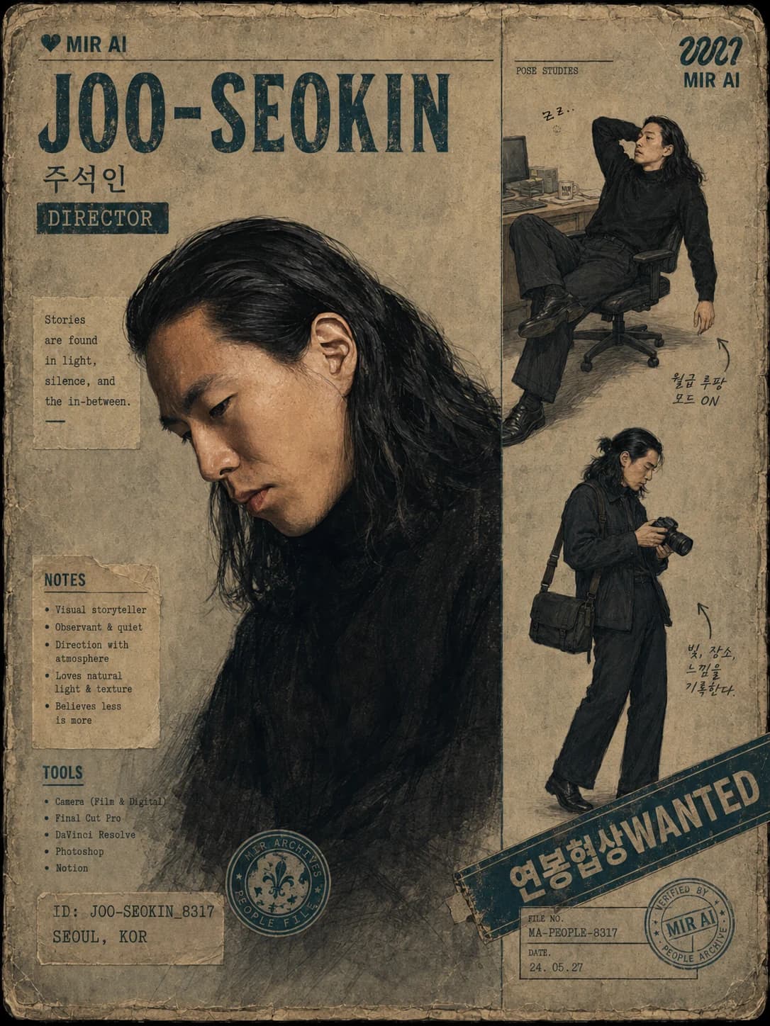 주석인 Director를 수배서 형식으로 구성한 MIR AI 인물 포스터