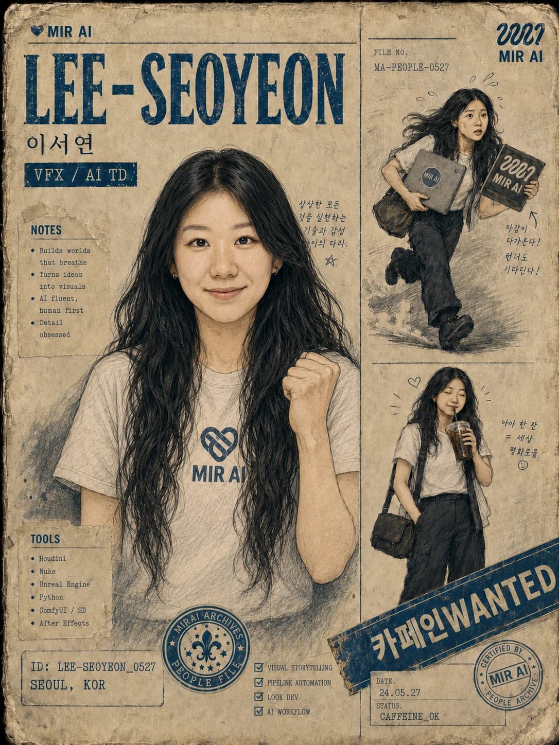 이서연 VFX and Visual Designer를 수배서 형식으로 구성한 MIR AI 인물 포스터