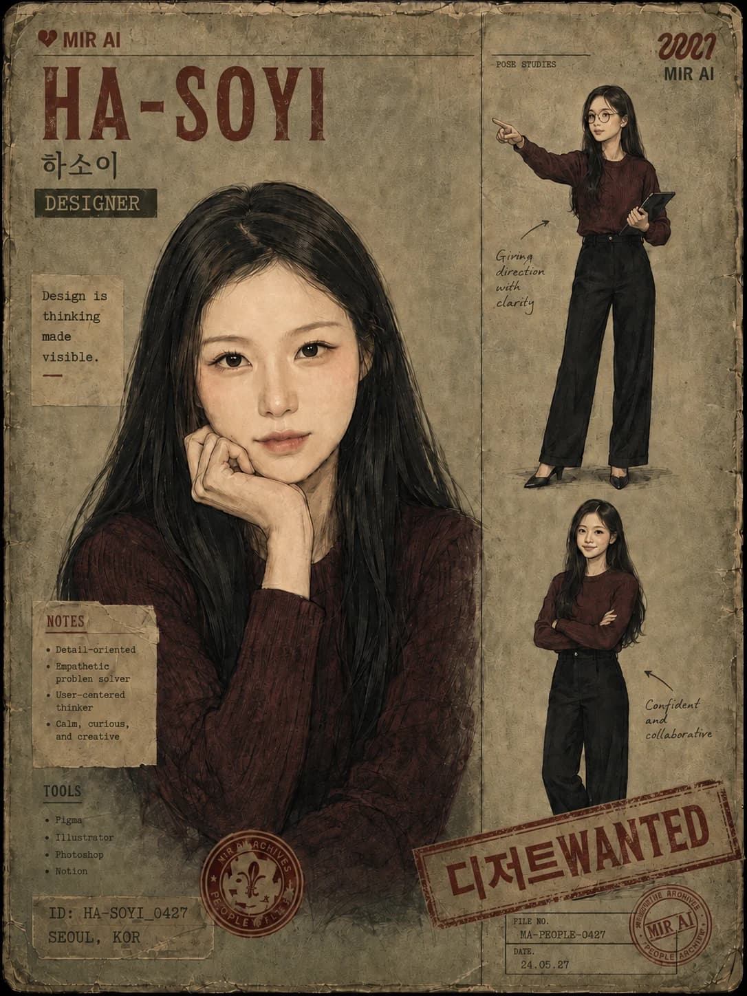 하소이 Creative Lead를 수배서 형식으로 구성한 MIR AI 인물 포스터