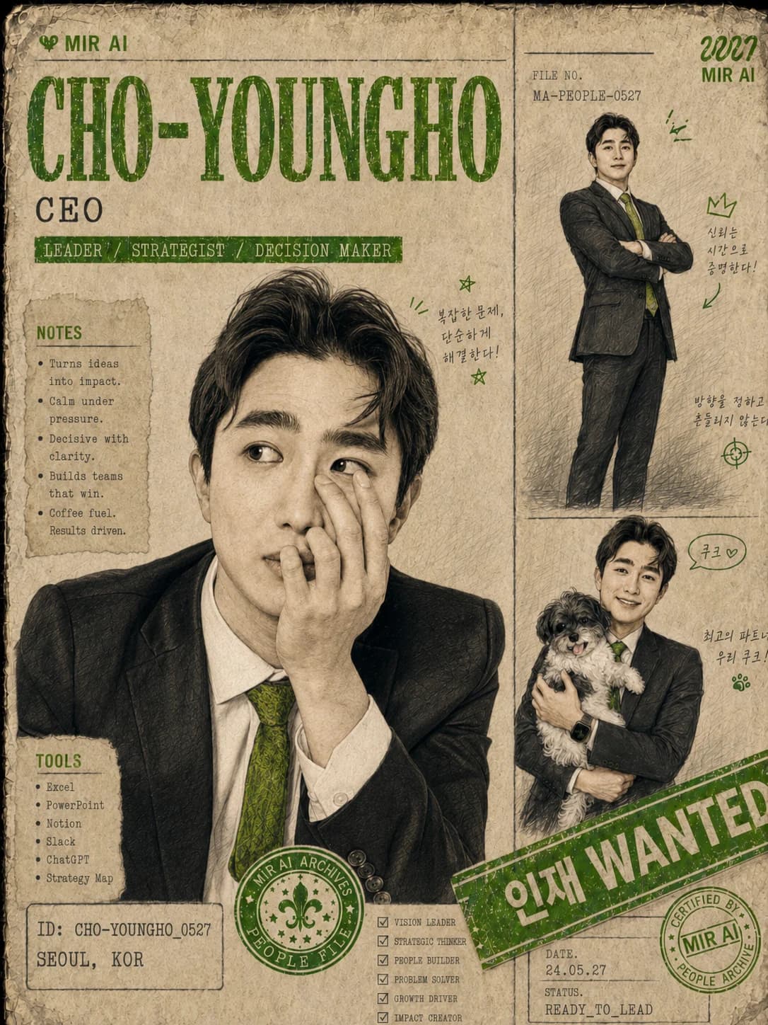 조영호 CEO를 수배서 형식으로 구성한 MIR AI 인물 포스터